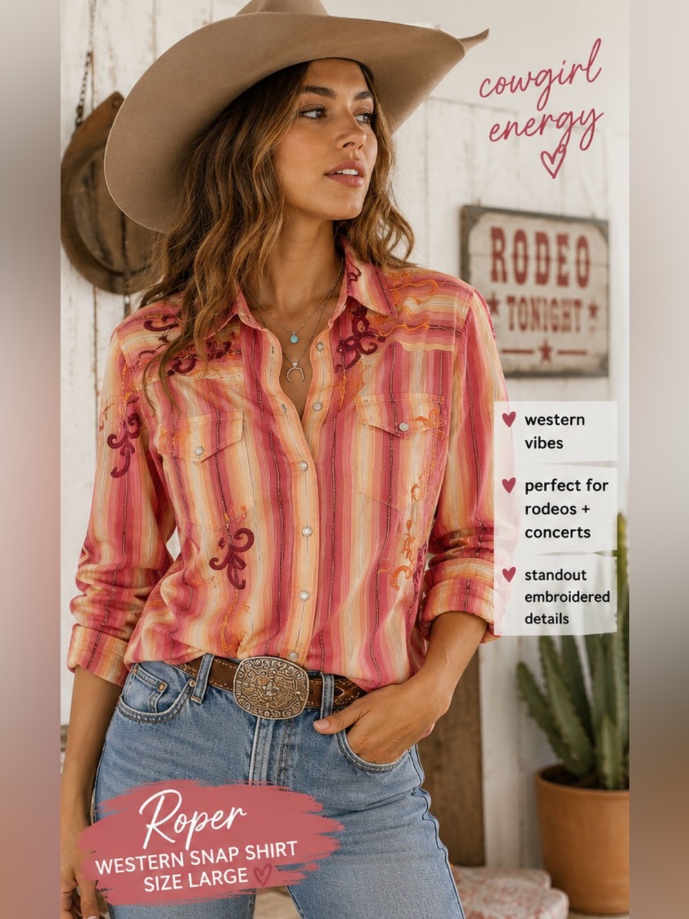 Roper Pearl Snap Western Shirt Womens Large Orange Embroidered Cowgirl Rodeo